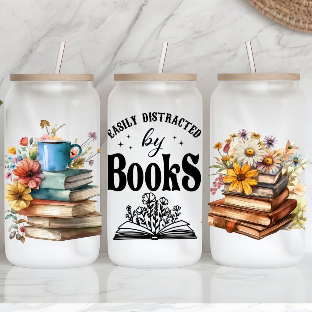 Easily Distracted by Books Iced Coffee Glass Cup – Book Lover Gift, Aesthetic Bookish Tumbler with Bamboo Lid & Straw