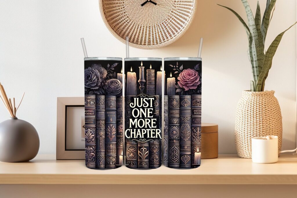 Just One More Chapter Stainless Steel Tumbler – Insulated Book Lover Cup, Literary Gift with Lid & Straw