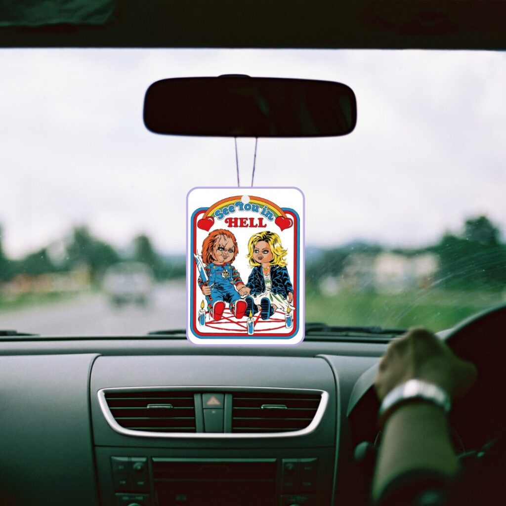 See You in Hell Car Air Freshener – Chucky & Tiffany Horror Couple – Creepy Gift for Horror Fans