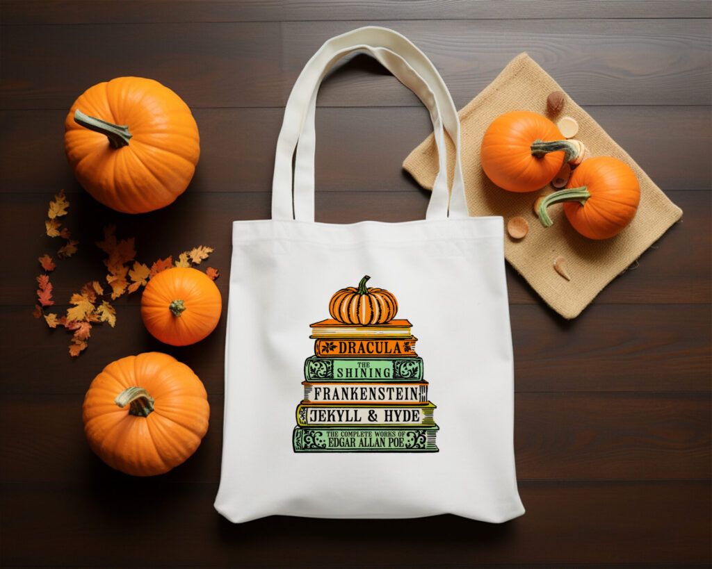 Classic Horror Books Tote Bag – Literary Horror Book Stack, Spooky Halloween Aesthetic, Gothic Book Lover’s Bag