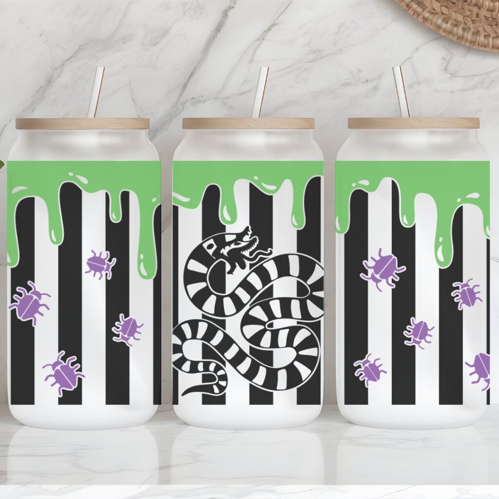 Striped Beetlejuice Inspired Iced Coffee Glass Cup