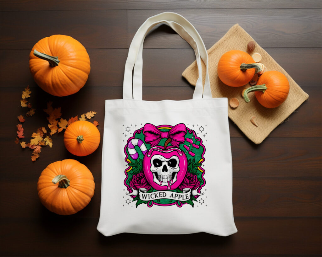 Wicked Apple Tote Bag – Spooky Gothic Aesthetic, Halloween Skull Apple Tote, Dark Fairy Tale Bag