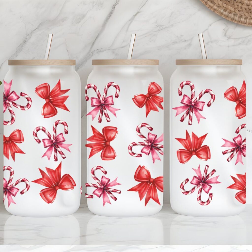 Holiday Bows & Candy Canes Frosted Iced Coffee Glass Cup