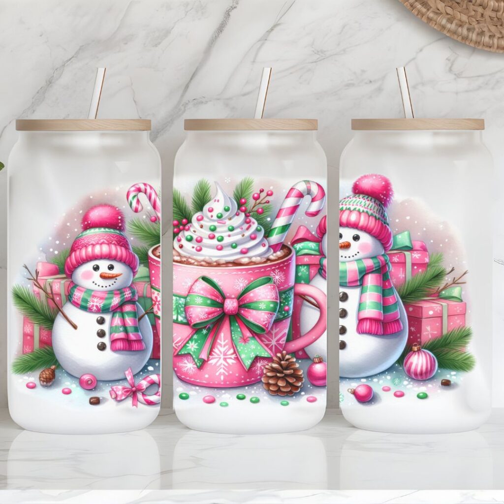 Festive Snowman & Hot Cocoa Delight Frosted Iced Coffee Glass Cup
