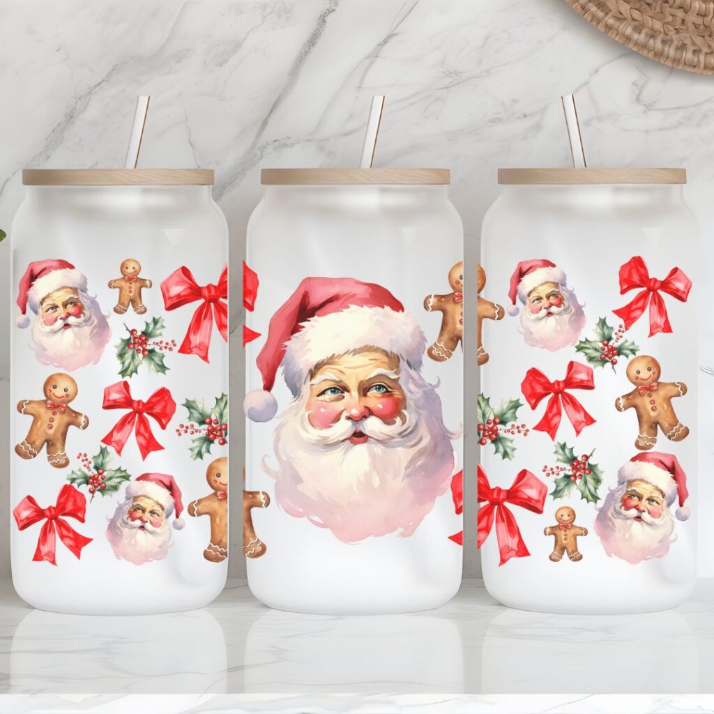 Vintage Santa & Friends Frosted Iced Coffee Glass Cup