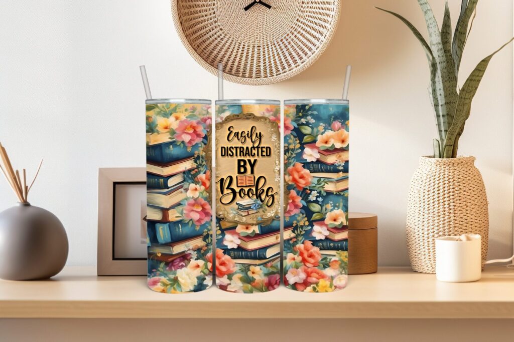 Easily Distracted by Books Stainless Steel Tumbler – Insulated Book Lover Cup, Vintage Literary Gift with Lid & Straw