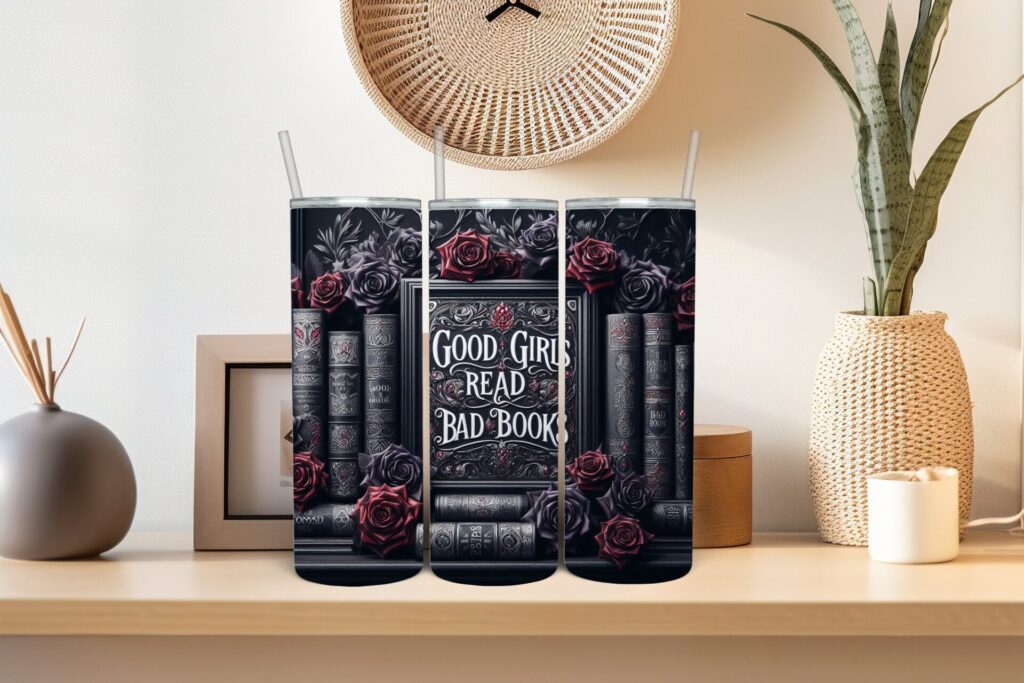 Good Girls Read Bad Books Stainless Steel Tumbler – Gothic Bookish Drinkware, Dark Romance Insulated Cup with Lid & Straw