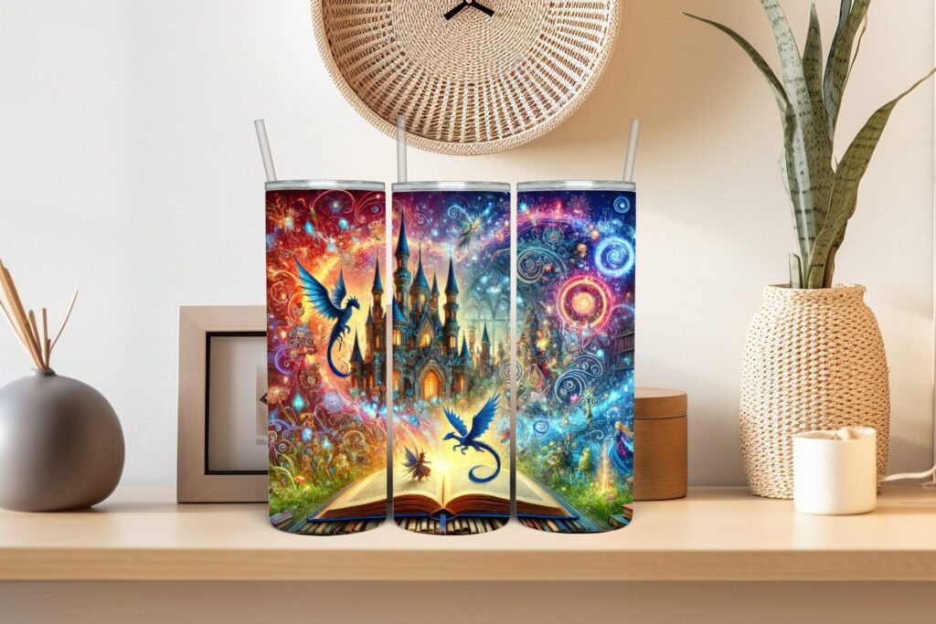 Whimsical Realms Stainless Steel Tumbler – Fantasy Insulated Cup, Magical Castle & Dragon Drinkware