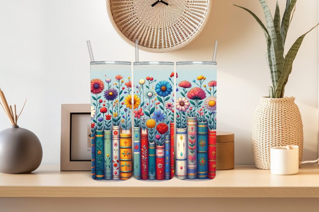 Blooming Books Stainless Steel Tumbler – Floral Book Lover Cup, Insulated Literary Gift with Lid & Straw