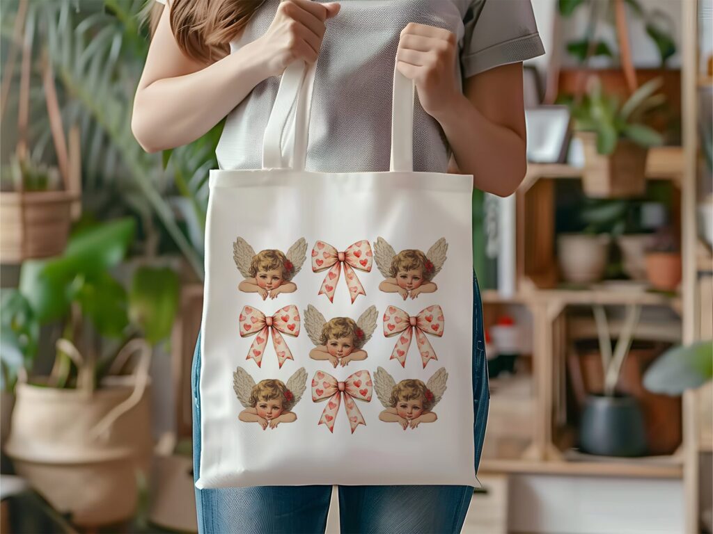 Love Struck Angels Tote Bag – Cute Cherub Valentine’s Aesthetic, Romantic Canvas Bag