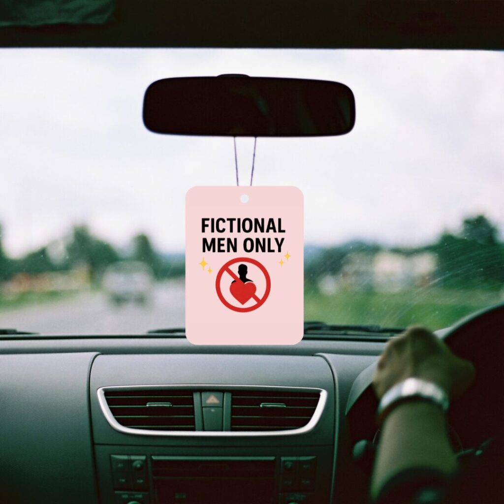 Fictional Men Only Car Air Freshener – Bookish Car Charm for Romance Readers – Smut Book Lover Gift – Cute Book Babe Accessory – Reusable Freshener