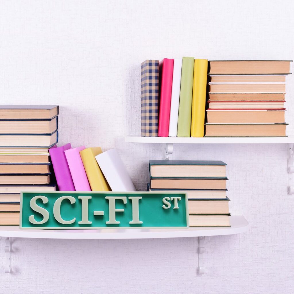 Sci-Fi Street 3D-Printed Bookshelf Sign – Futuristic Library & Book Nook Decor