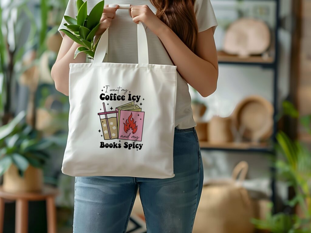 Coffee Icy, Books Spicy Tote Bag – Funny Book Lover’s Canvas Bag for Romance & Fantasy Readers