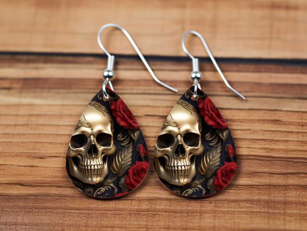 Golden Skull & Roses Gothic Teardrop Earrings