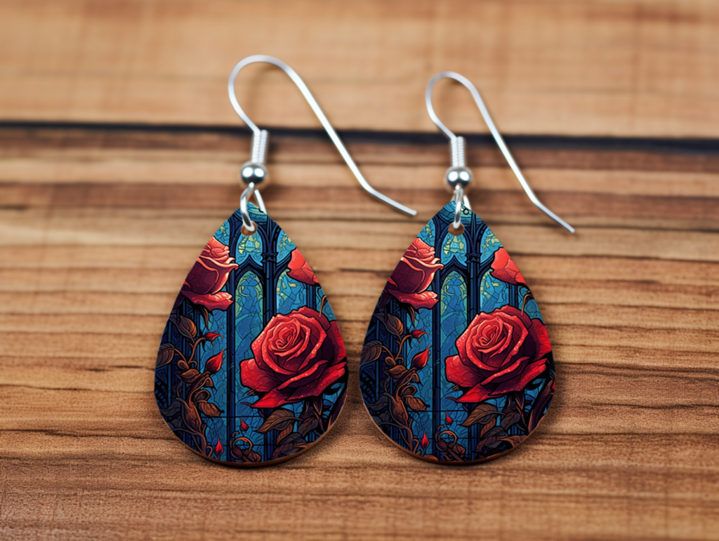 Gothic Rose Stained Glass Teardrop Earrings