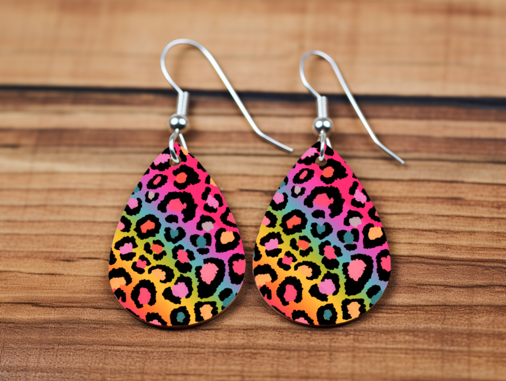 Neon Wild Rainbow Leopard Teardrop Earrings