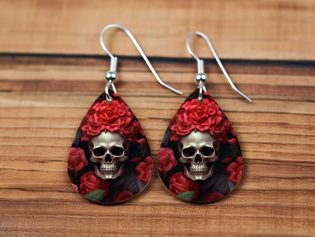 Crimson Skull & Roses Teardrop Earrings