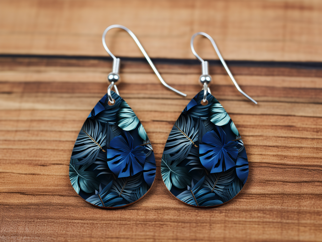 Midnight Tropics Statement Earrings - Blue Jungle Teardrop Dangles