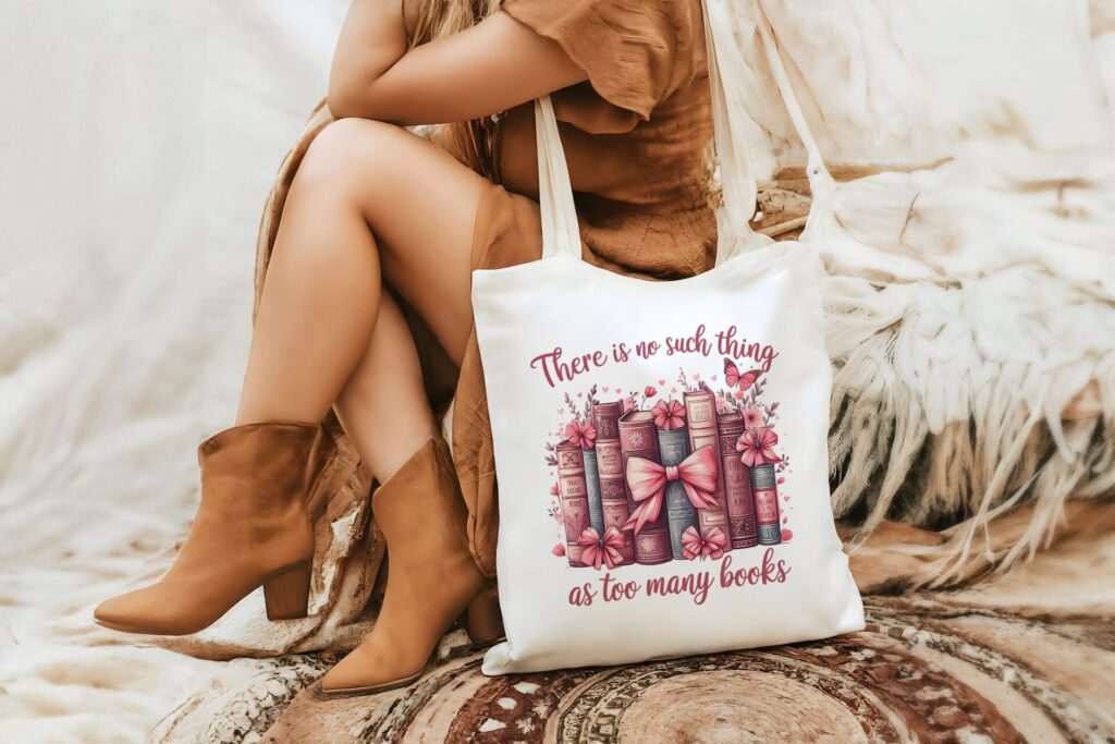 No Such Thing as Too Many Books Tote Bag – Romantic Book Lover’s Aesthetic Bag for Book Hauls & Library Trips
