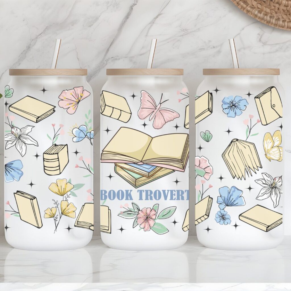 Booktrovert Iced Coffee Glass Cup – Book Lover Gift, Introvert Tumbler with Bamboo Lid & Straw, Cozy Aesthetic Drinkware
