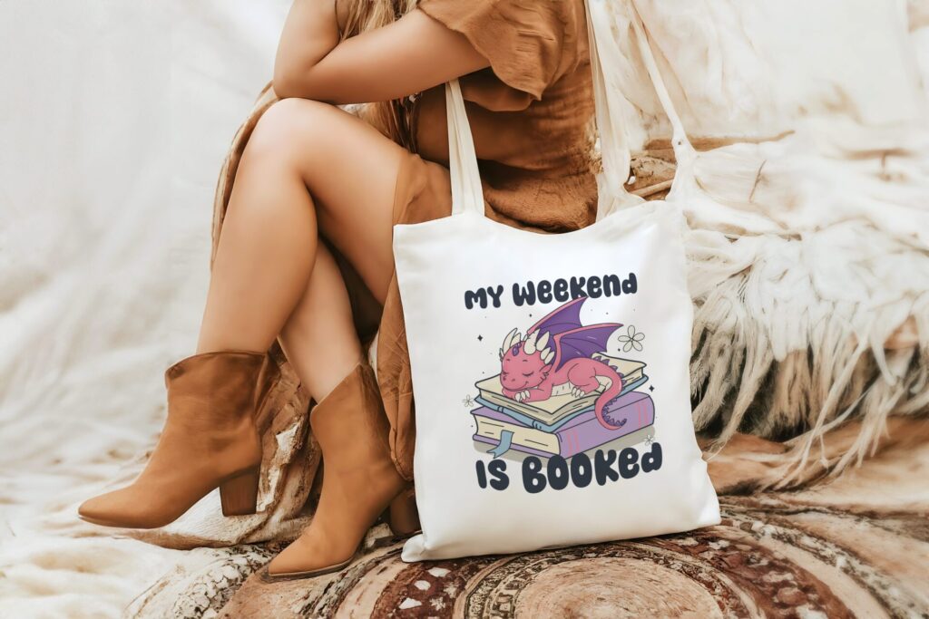 My Weekend is Booked Tote Bag – Bookish Dragon Lover Gift, Fantasy Reader Tote, Library Bag