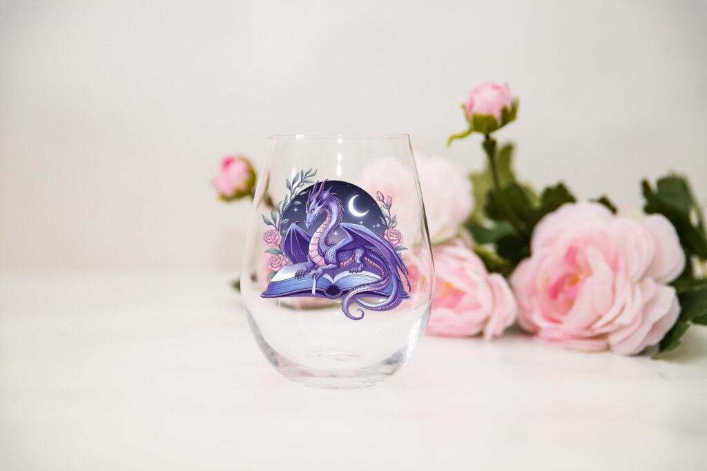 Moonlit Dragon & Books Stemless Wine Glass – Fantasy Book Lover Gift