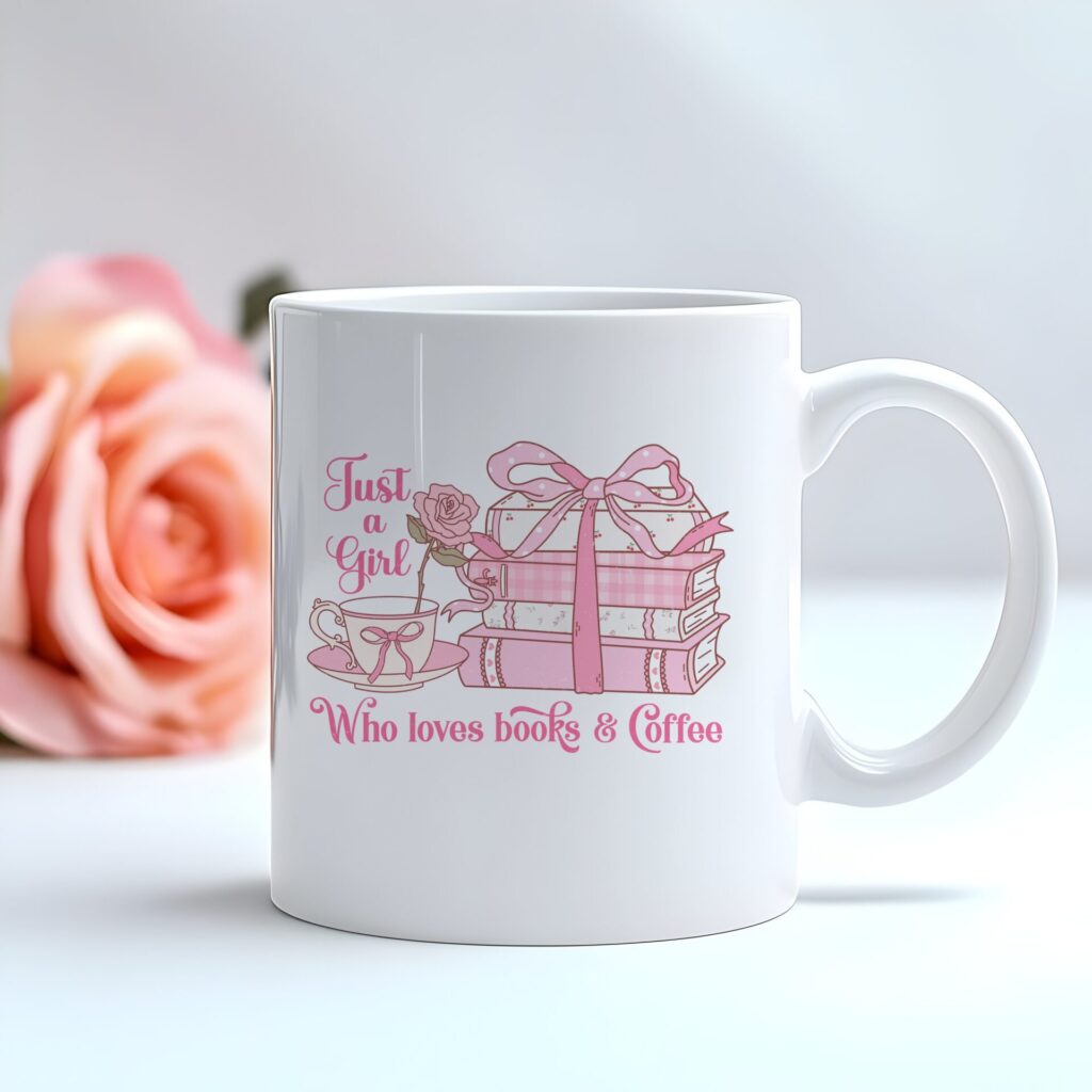 Just a Girl Who Loves Books & Coffee Mug - Cute Bookish Coffee Cup - Pink Aesthetic Gift for Bookworms & Readers