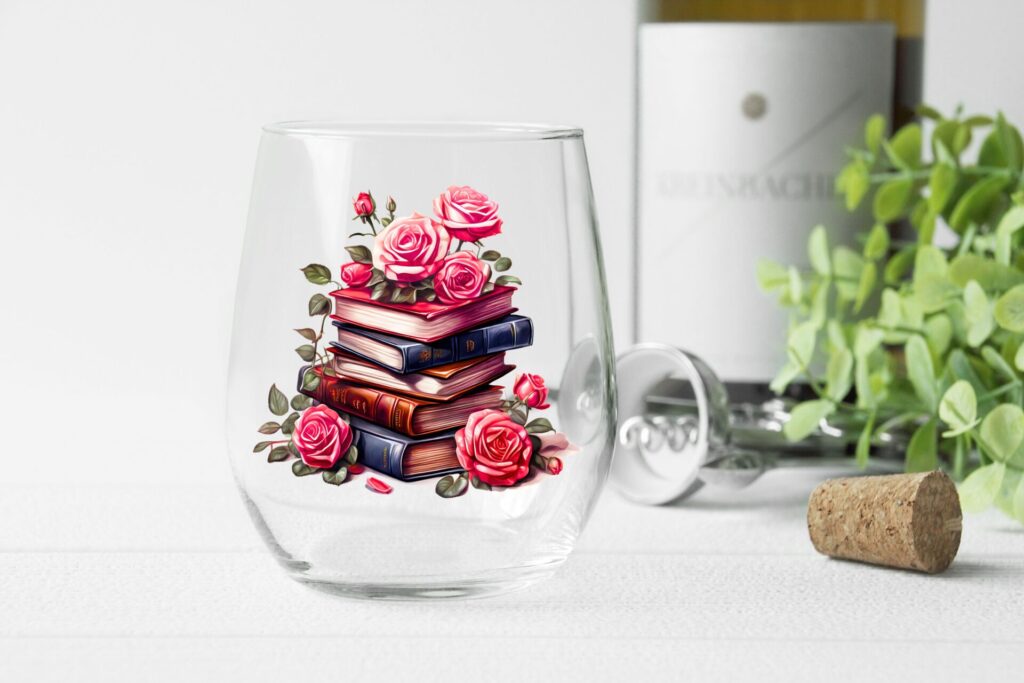 Stacked Stories & Roses Stemless Wine Glass – Romantic Book Lover Gift, 470ml