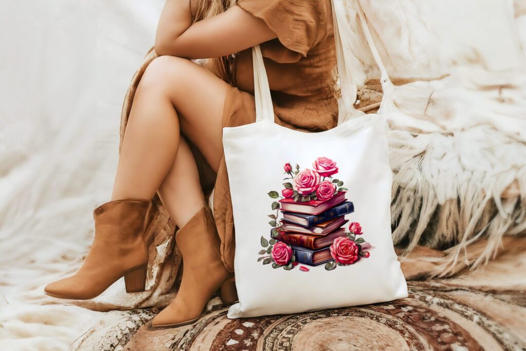 Romantic Book Stack Tote Bag – Elegant Book Lover’s Bag, Aesthetic Bookish Gift