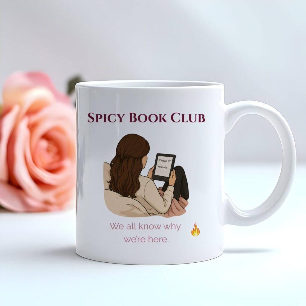Spicy Book Club Mug for Romance Readers – Funny Book Lover Coffee Cup – Kindle Girl Bookish Gift for Women Who Love Smut – “We All Know Why We’re Here”