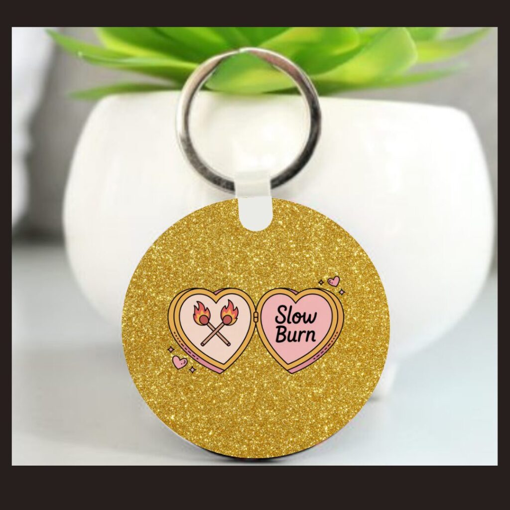 Slow Burn Keyring Bookish Romance Trope Gift for Readers Gold Glitter Heart Keychain