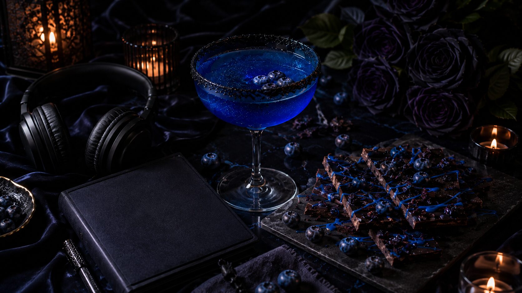 Dark chocolate blueberry bark paired with blueberry blackout cocktail