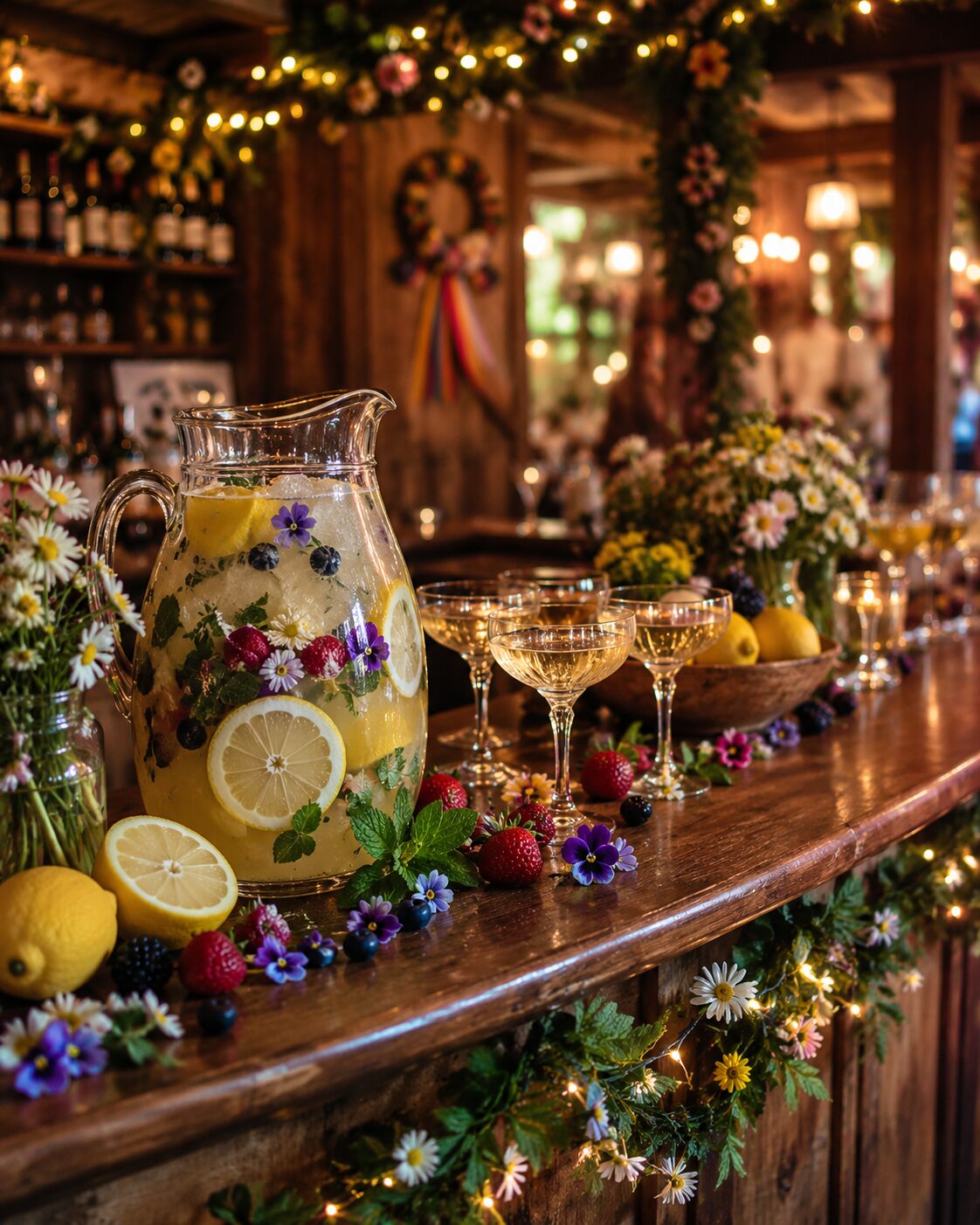 Beltane elderflower punch jug on a flower-decorated bar counter with coupe glasses and garlands