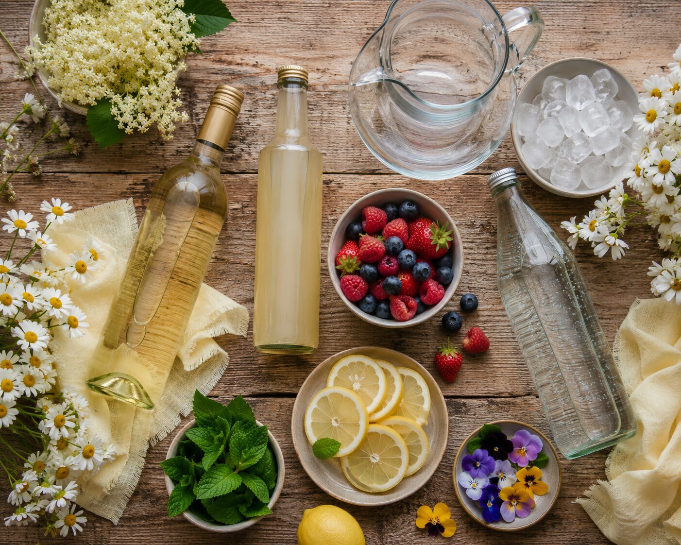 Elderflower wine punch ingredients: white wine, elderflower cordial, berries, lemon, mint and edible flowers