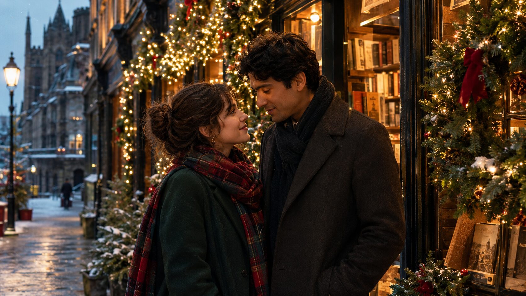 Carmen and Oke from The Christmas Bookshop by Jenny Colgan outside an Edinburgh bookshop in winter