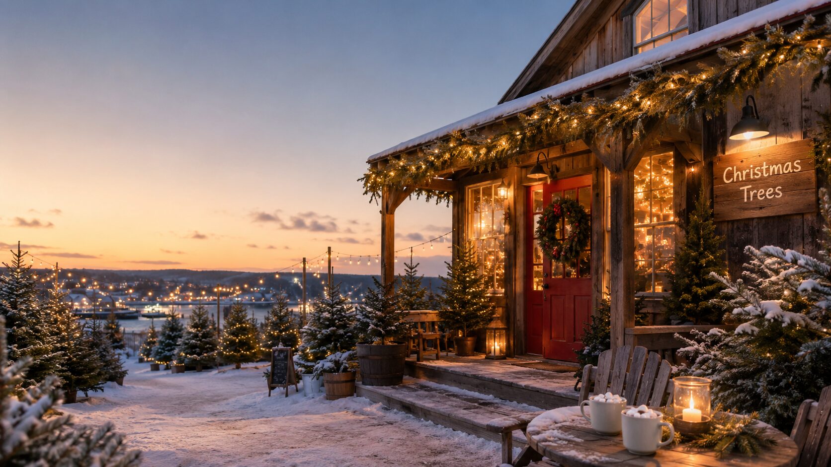 A festive Christmas tree farm cabin at sunset with snow, fairy lights and a wreath, inspired by the Dream Harbor setting of The Christmas Tree Farm by Laurie Gilmore.