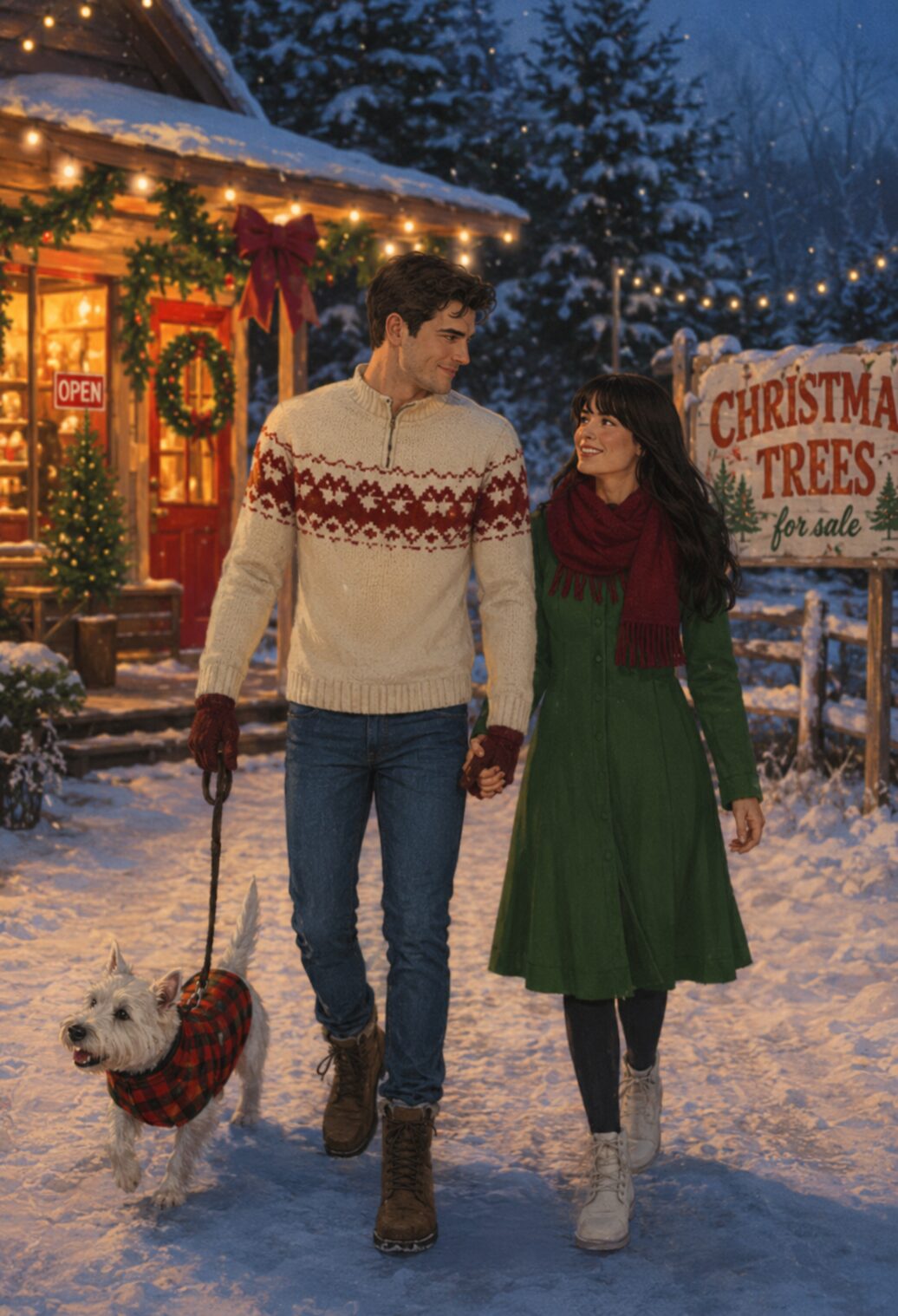 Kira and Bennett from The Christmas Tree Farm by Laurie Gilmore, a couple walking through a snowy Christmas tree farm with their dog.