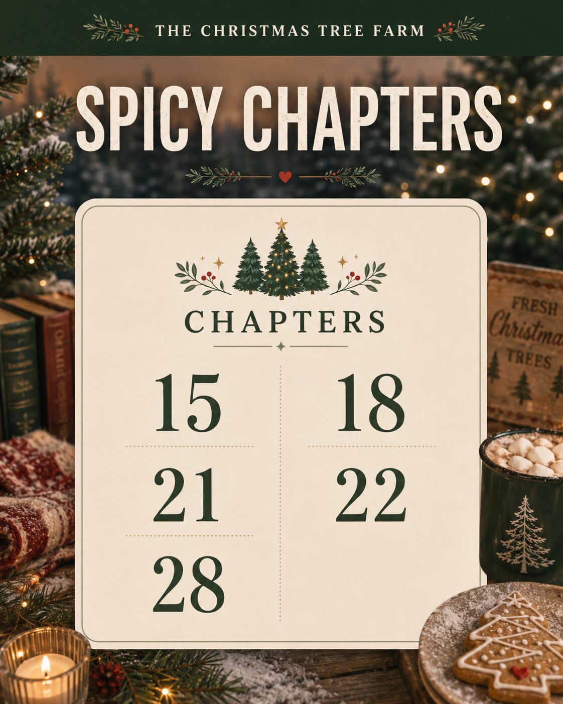 Spicy chapters guide for The Christmas Tree Farm by Laurie Gilmore: chapters 15, 18, 21, 22 and 28.
