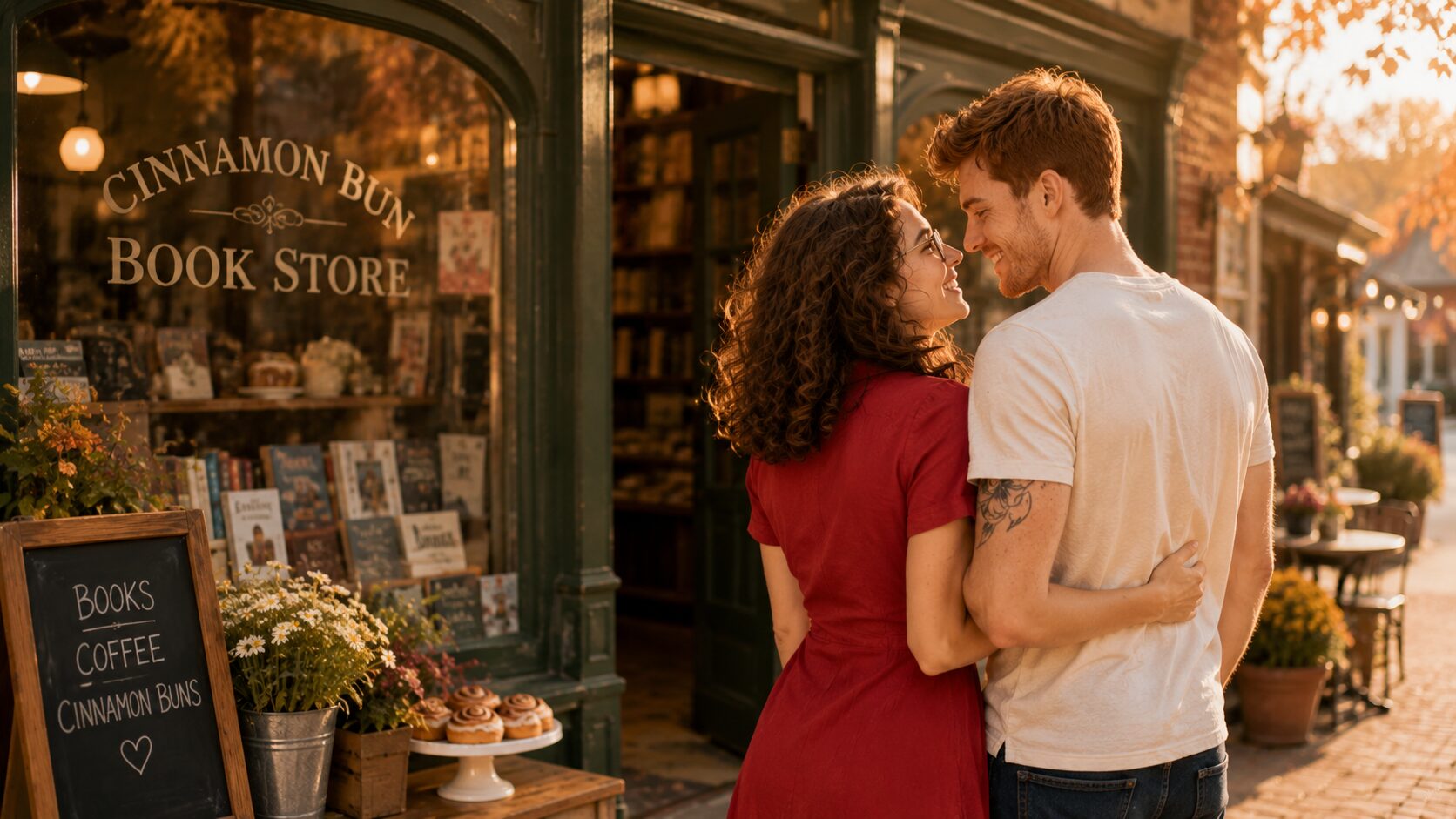Hazel and Noah outside the Cinnamon Bun Book Store in Dream Harbor