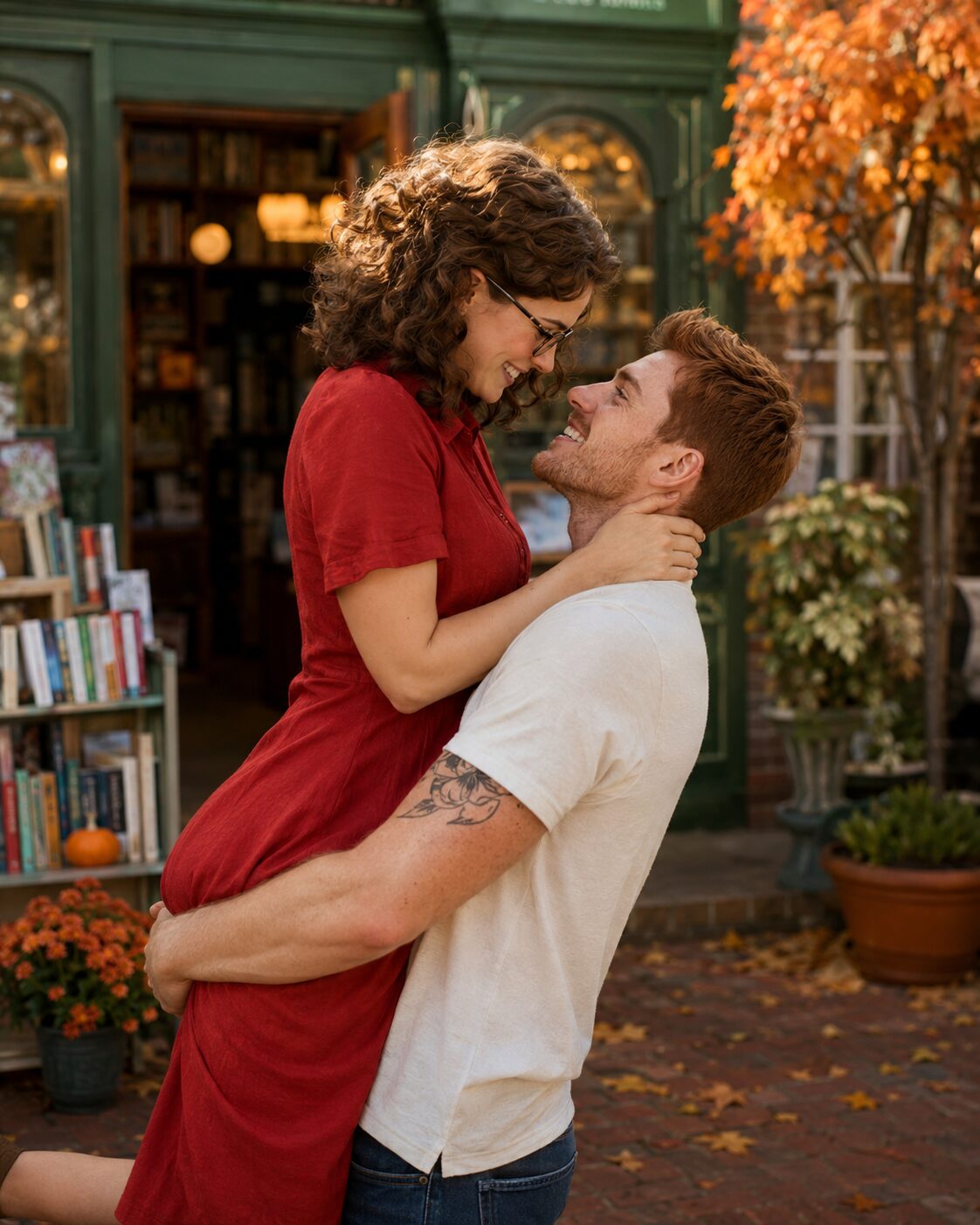 Hazel and Noah from The Cinnamon Bun Book Store by Laurie Gilmore, a joyful couple outside a coastal bookshop in autumn.