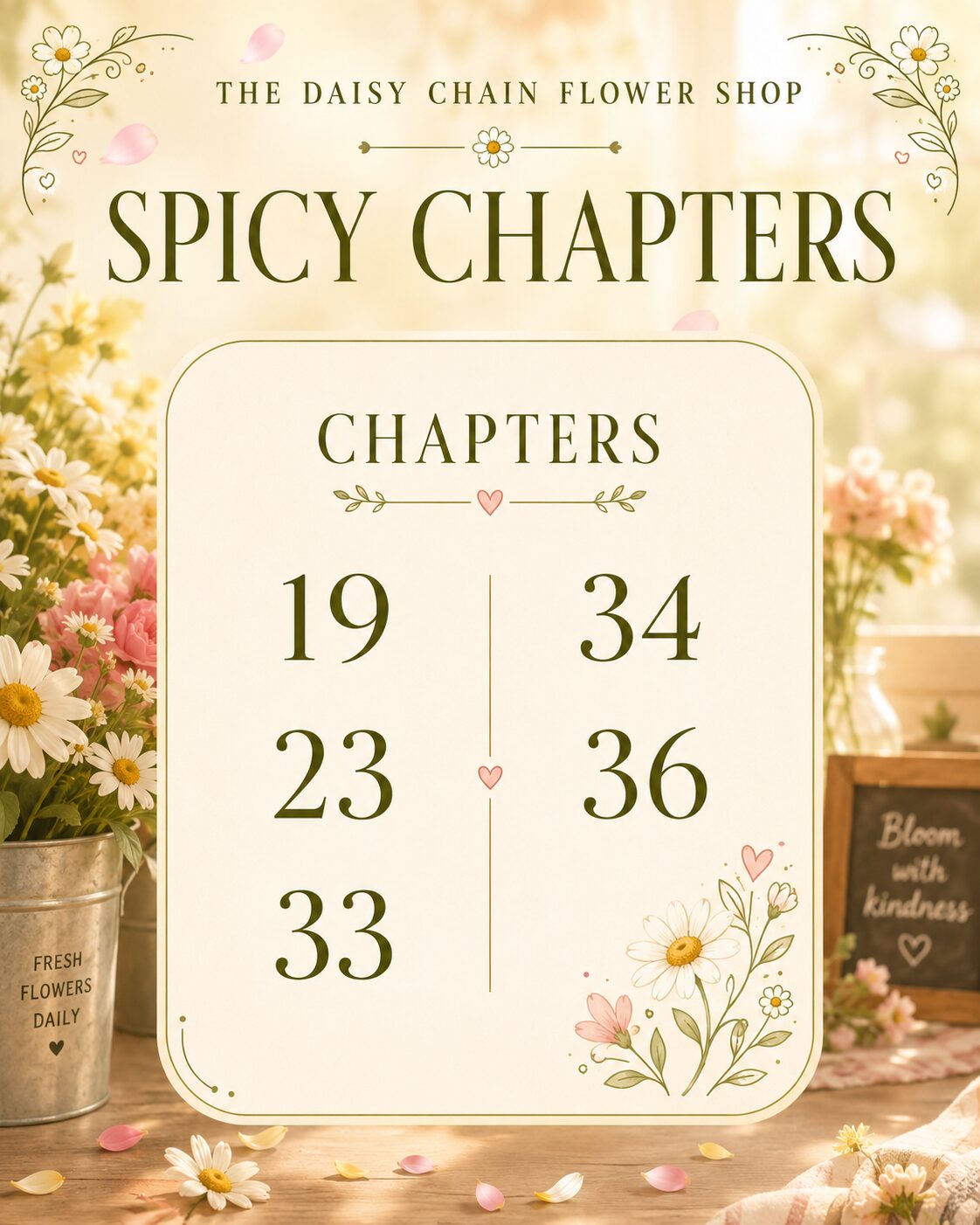 Spicy chapter guide for The Daisy Chain Flower Shop by Laurie Gilmore - chapters 19, 23, 33, 34 and 36