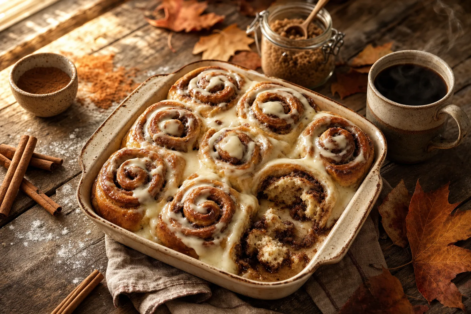 Overhead flat-lay of freshly baked cinnamon scrolls with icing on rustic bakeware, surrounded by autumn baking ingredients.