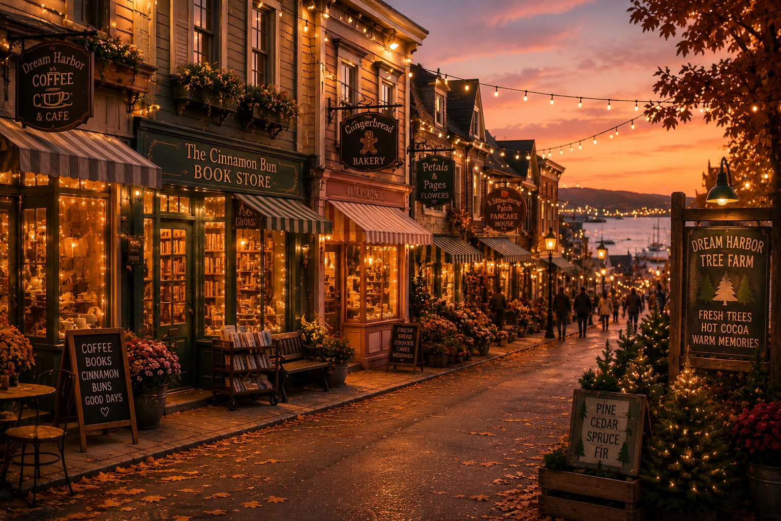 Dream Harbor main street at sunset showing all the shops lit up with fairy lights