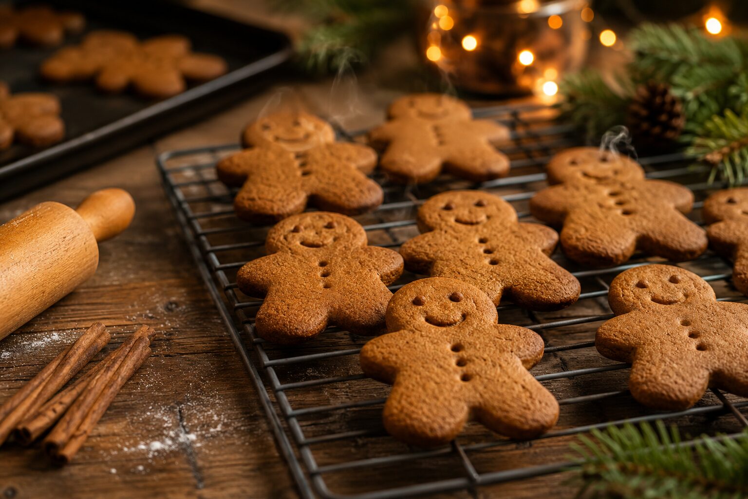 Golden brown gingerbread men fresh from the oven cooling on a wire rack with rolling pin and cinnamon sticks alongside, pine branches and warm fairy lights in background