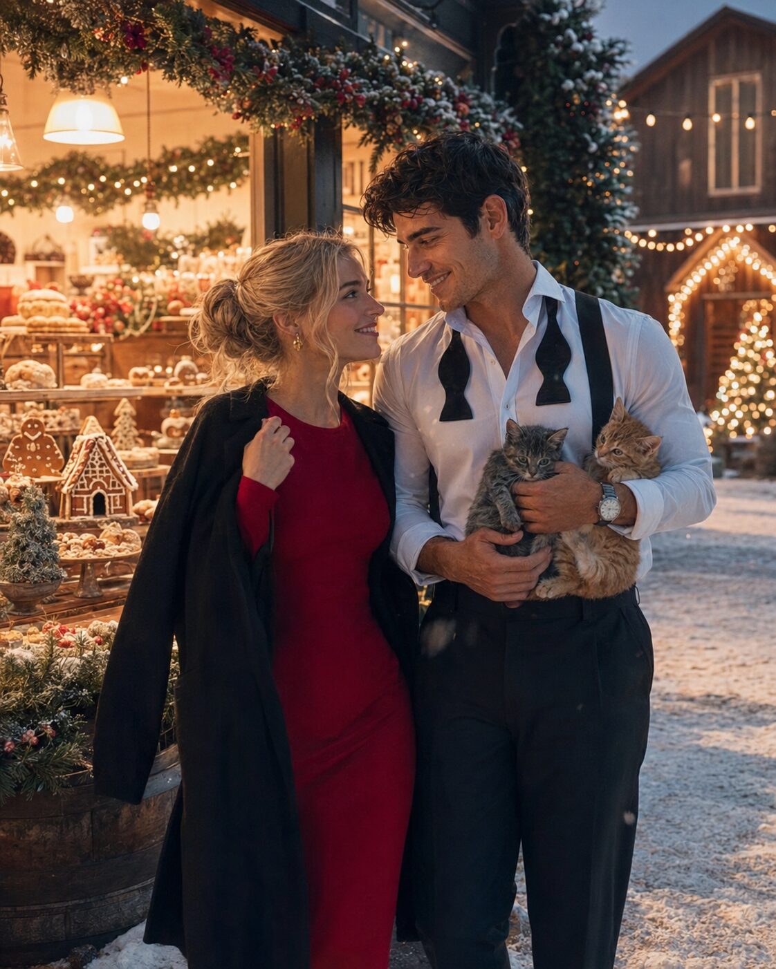 Annie and Mac from The Gingerbread Bakery by Laurie Gilmore, a long-awaited couple outside a Christmas bakery in Dream Harbor.