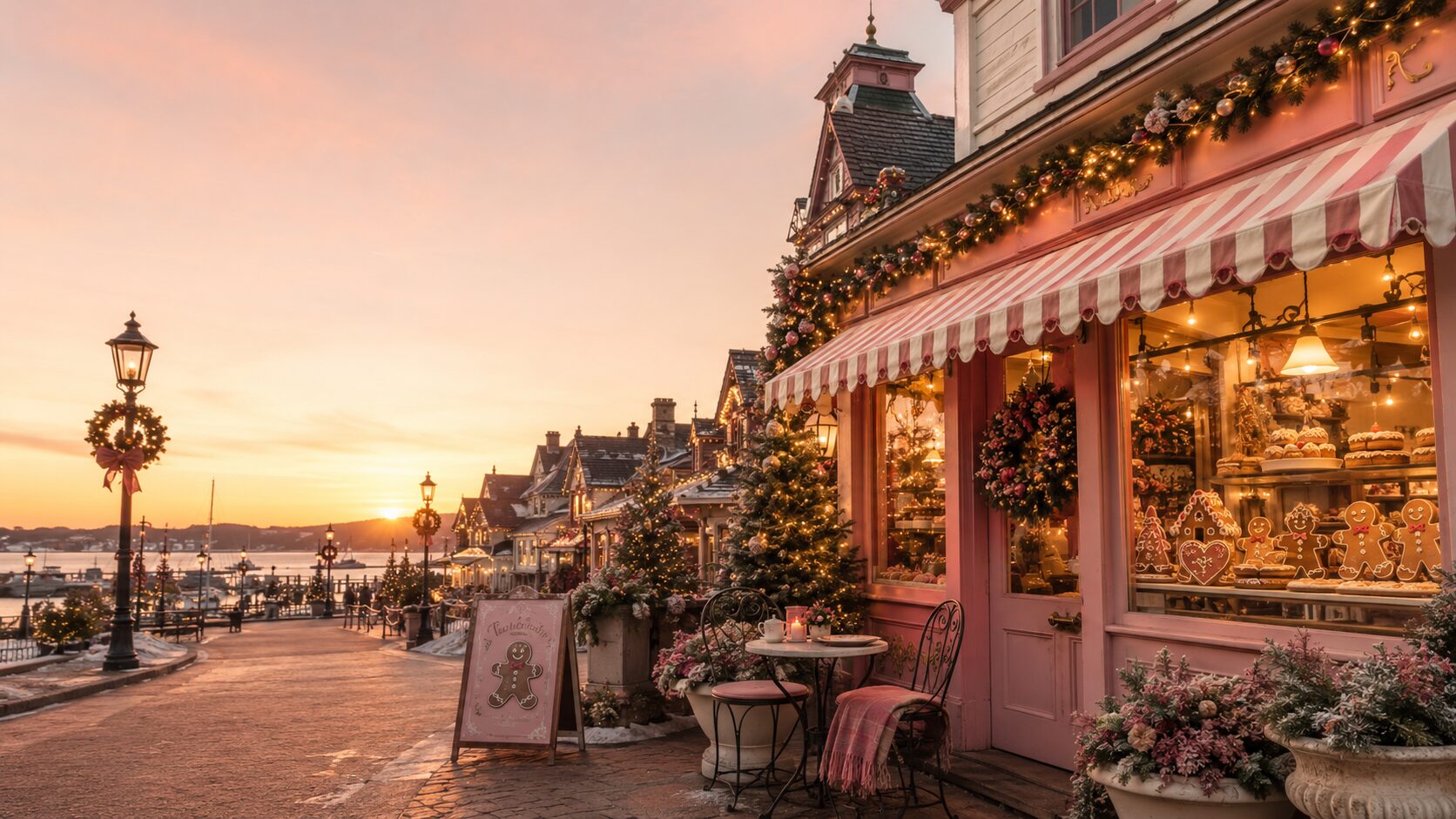 The Gingerbread Bakery storefront at sunset in a festive coastal small town, inspired by Dream Harbor from the Laurie Gilmore series.