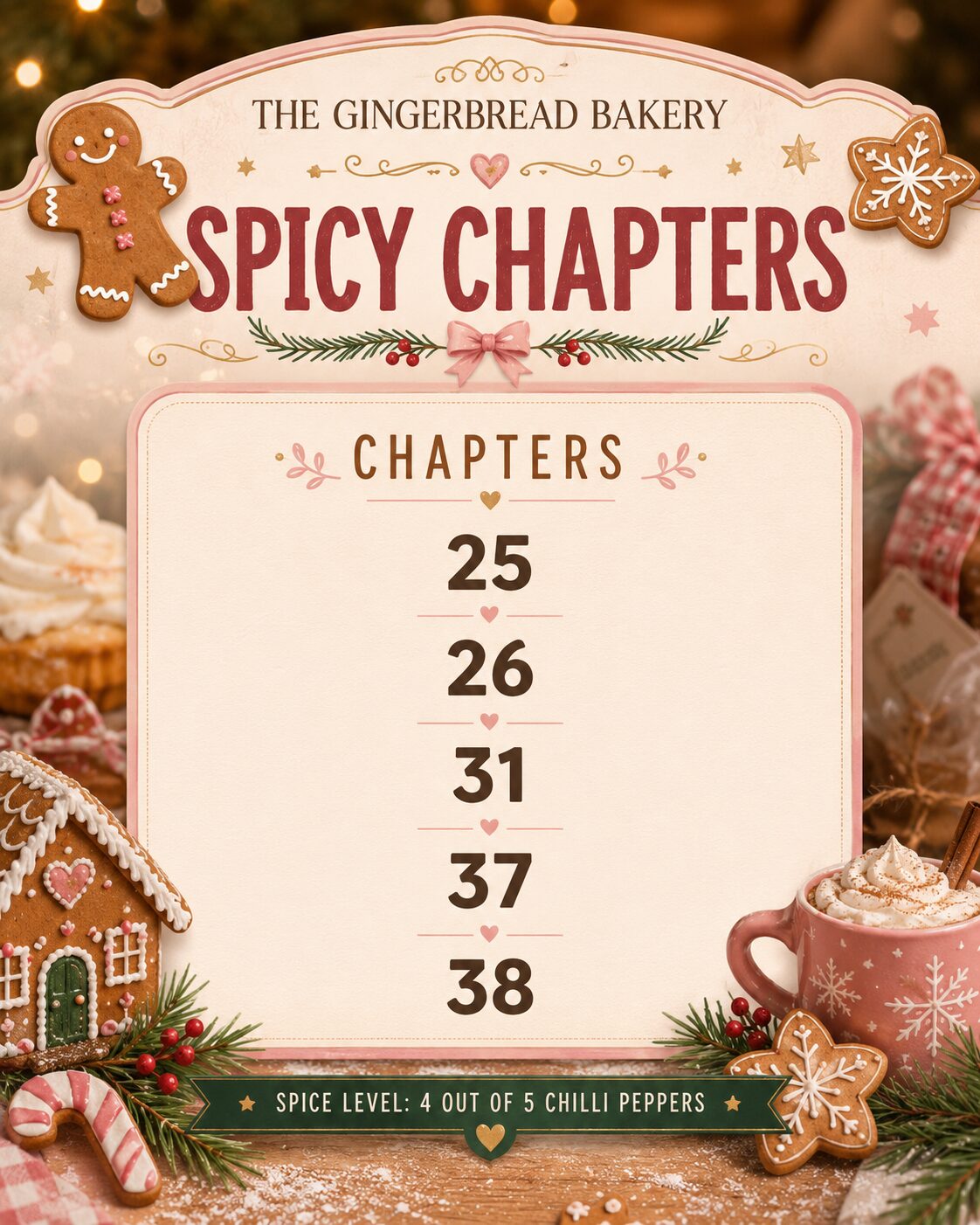 Spicy chapters guide for The Gingerbread Bakery by Laurie Gilmore: chapters 25, 26, 31, 37 and 38.