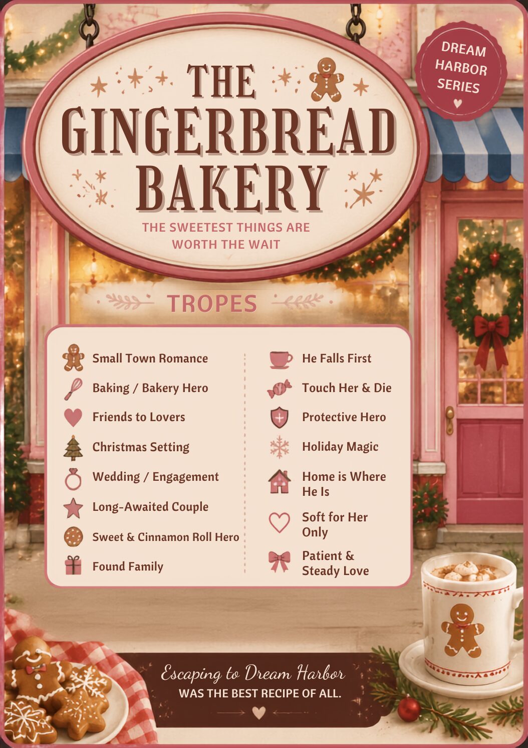 Tropes infographic for The Gingerbread Bakery by Laurie Gilmore including small-town romance, bakery romance, long-awaited couple and Christmas setting.