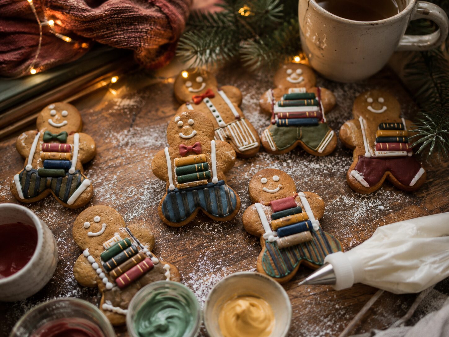 Gingerbread men decorated with tiny piped book spines in jewel-toned colours arranged on a baking sheet with piping bags and coloured icing bowls, warm cosy lighting