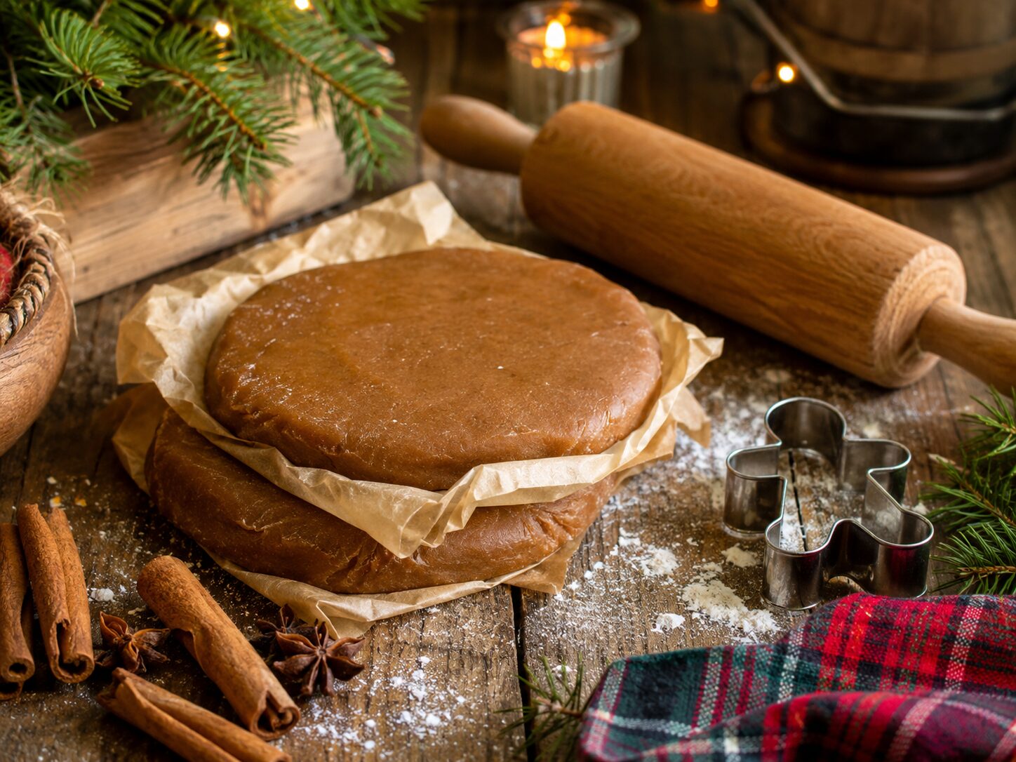 Gingerbread dough disc wrapped in baking paper on a wooden surface with rolling pin, star anise, cinnamon sticks and gingerbread man cutters, fairy lights in background